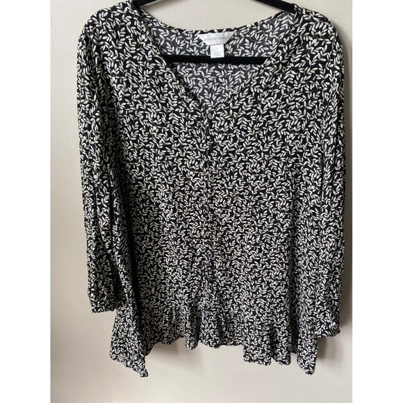 Christopher & Banks Tops - Christopher & Banks Black White Leaf Print V-Neck Ruffle Hem Blouse XL Rayon